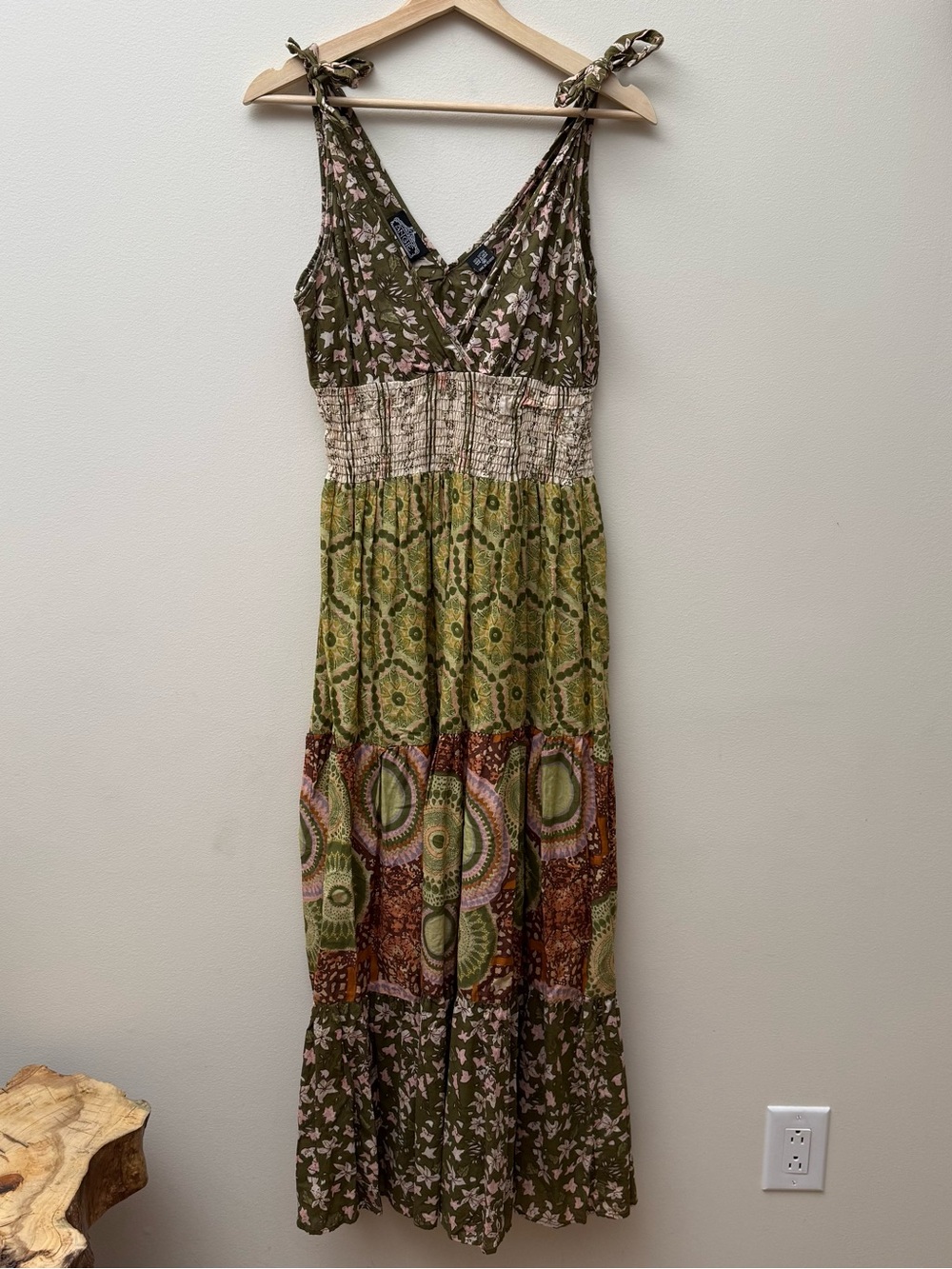 Angie Olive Green Mixed Print Boho Maxi Dress